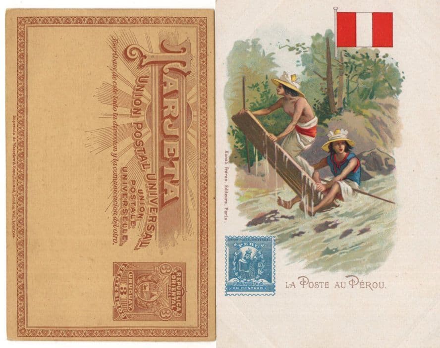 Peru River Boat Flag Rare 2x Old La Poste Au Perou Postal History Postcard