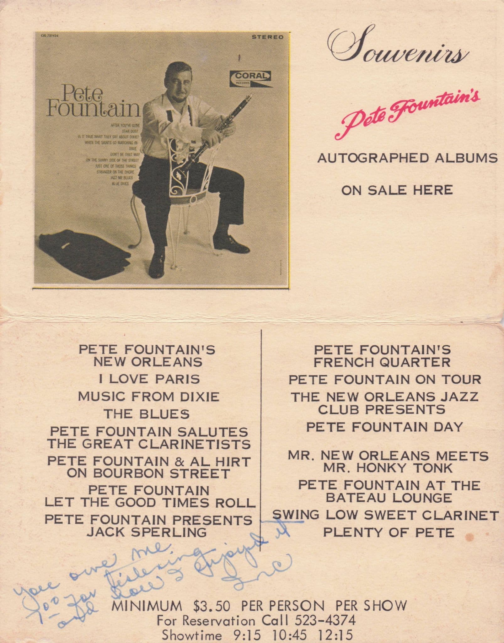 Pete Fountaine's French Quarter Inn Signed Old Advertising Card