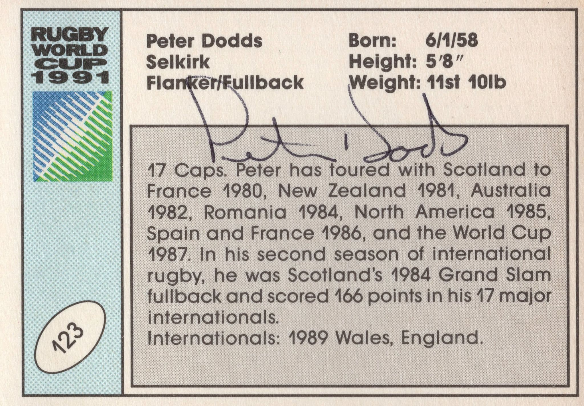 Peter Dodds Scotland Hand Signed Rugby 1991 World Cup Card Photo