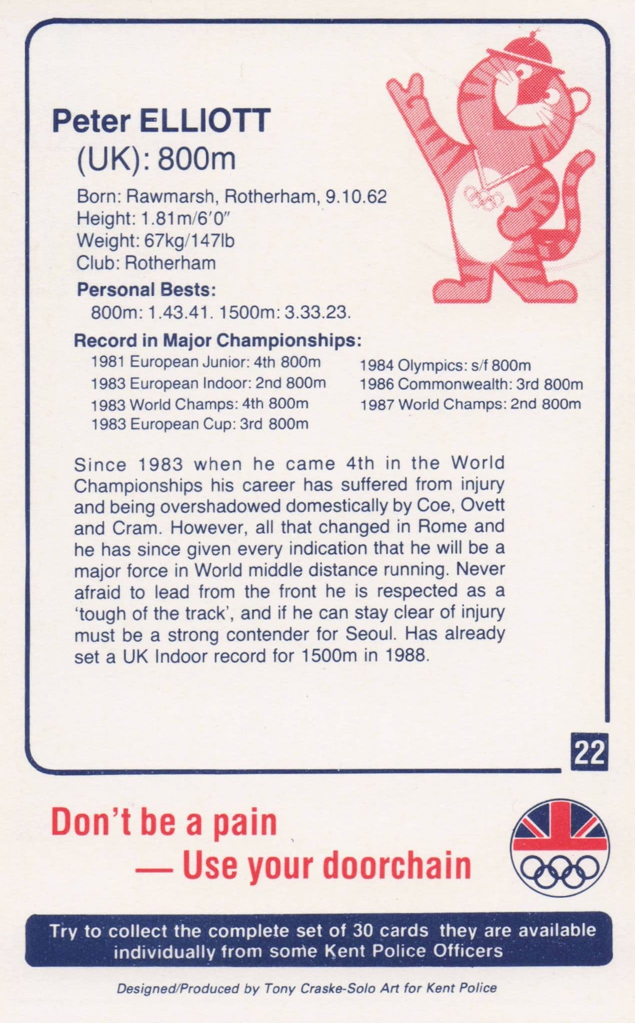 Peter Elliott British GB Athlete Olympics 1988 Rare Police Trade Photo Card