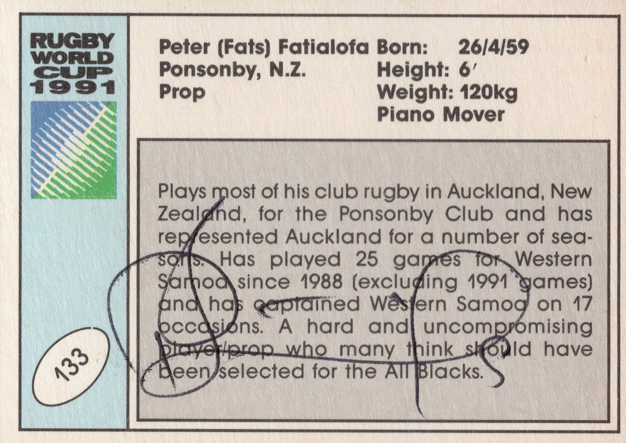 Peter Fatialofa Western Samoa Hand Signed Rugby 1991 World Cup Card Photo