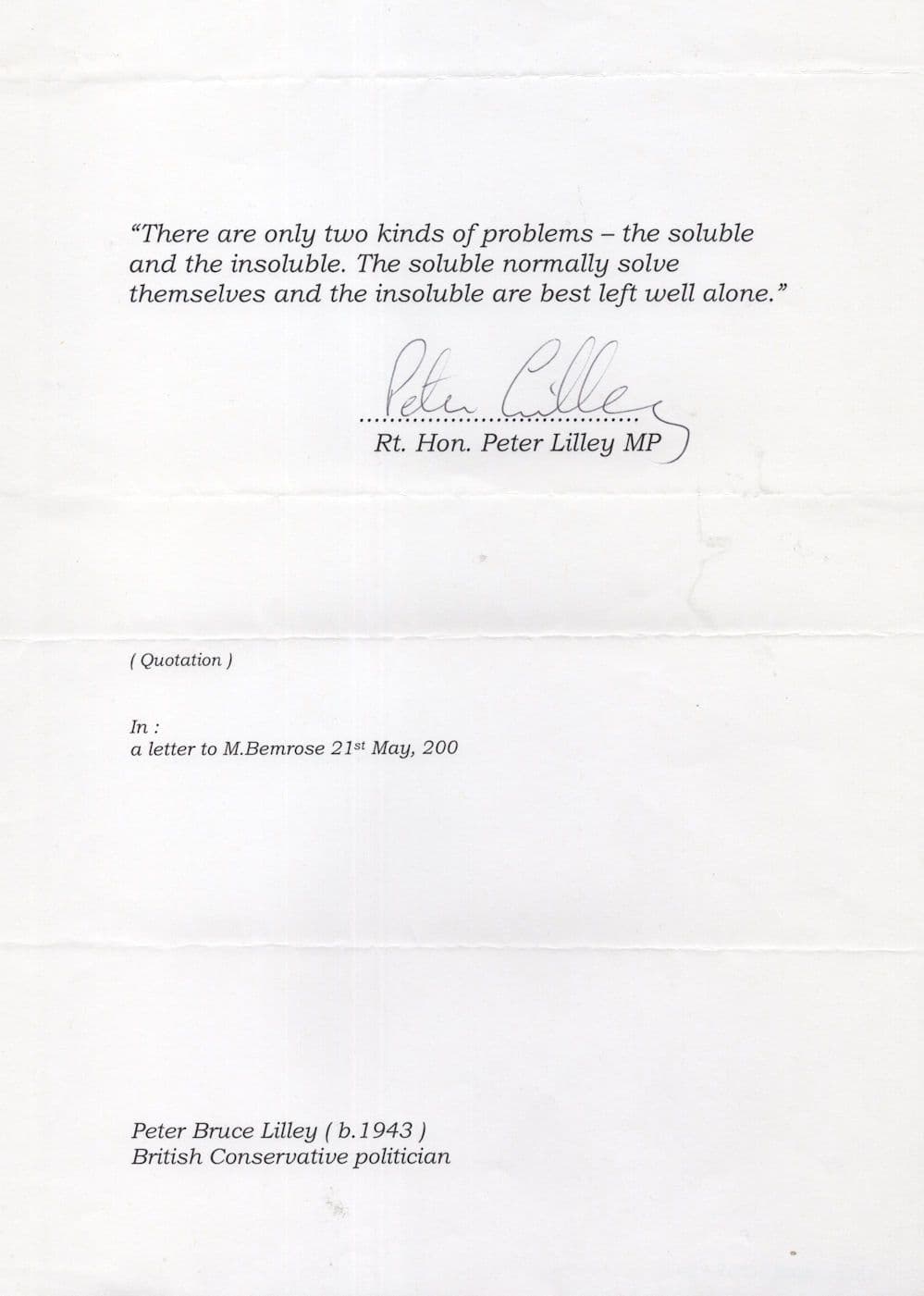 Peter Lilley Conservative MP Hand Signed Quotation Autograph