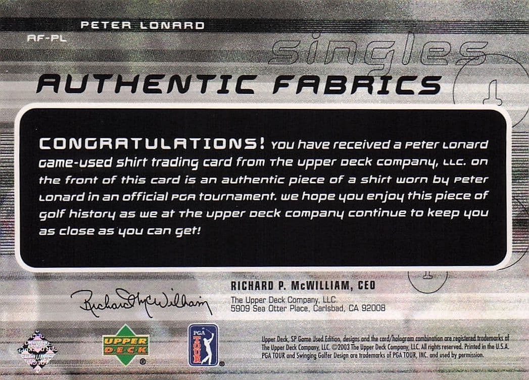 Peter Lonard Authentic Fabrics Singles Golf Upper Deck Worn Shirt Card