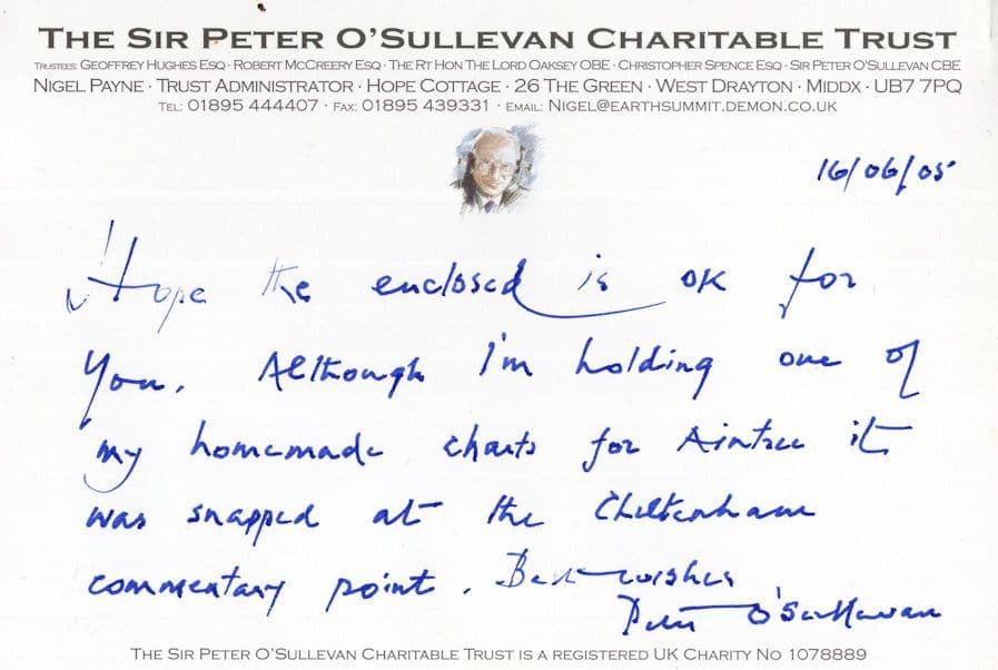 Peter O'Sullevan British Irish Horse Racing Aintree Hand Signed Autograph