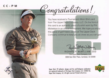 Phil Mickelson Course Classics 2002 Authentic Worn PGA Tour Golf Shirt Card