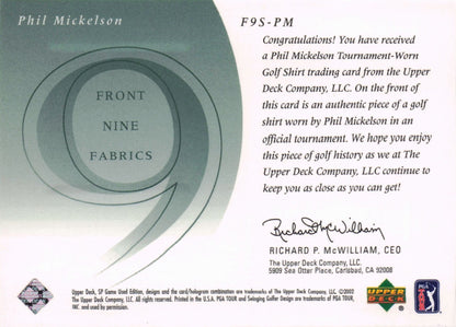 Phil Mickelson Front 9 Fabric 2002 Upper Deck Authentic Shirt Card