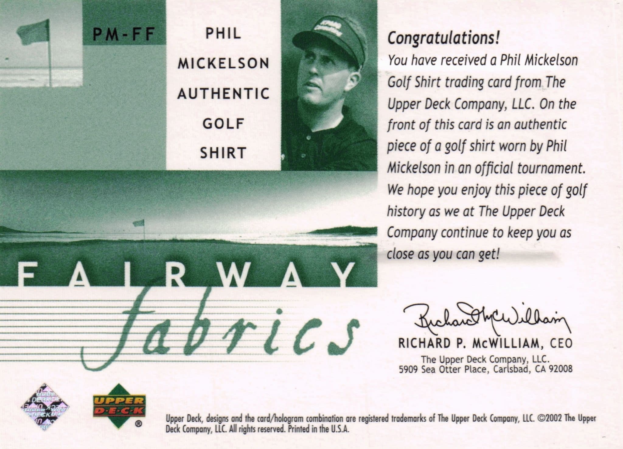 Phil Mickleson Fairway Fabrics 2002 Golf Upper Deck Real Worn Shirt Relic Card