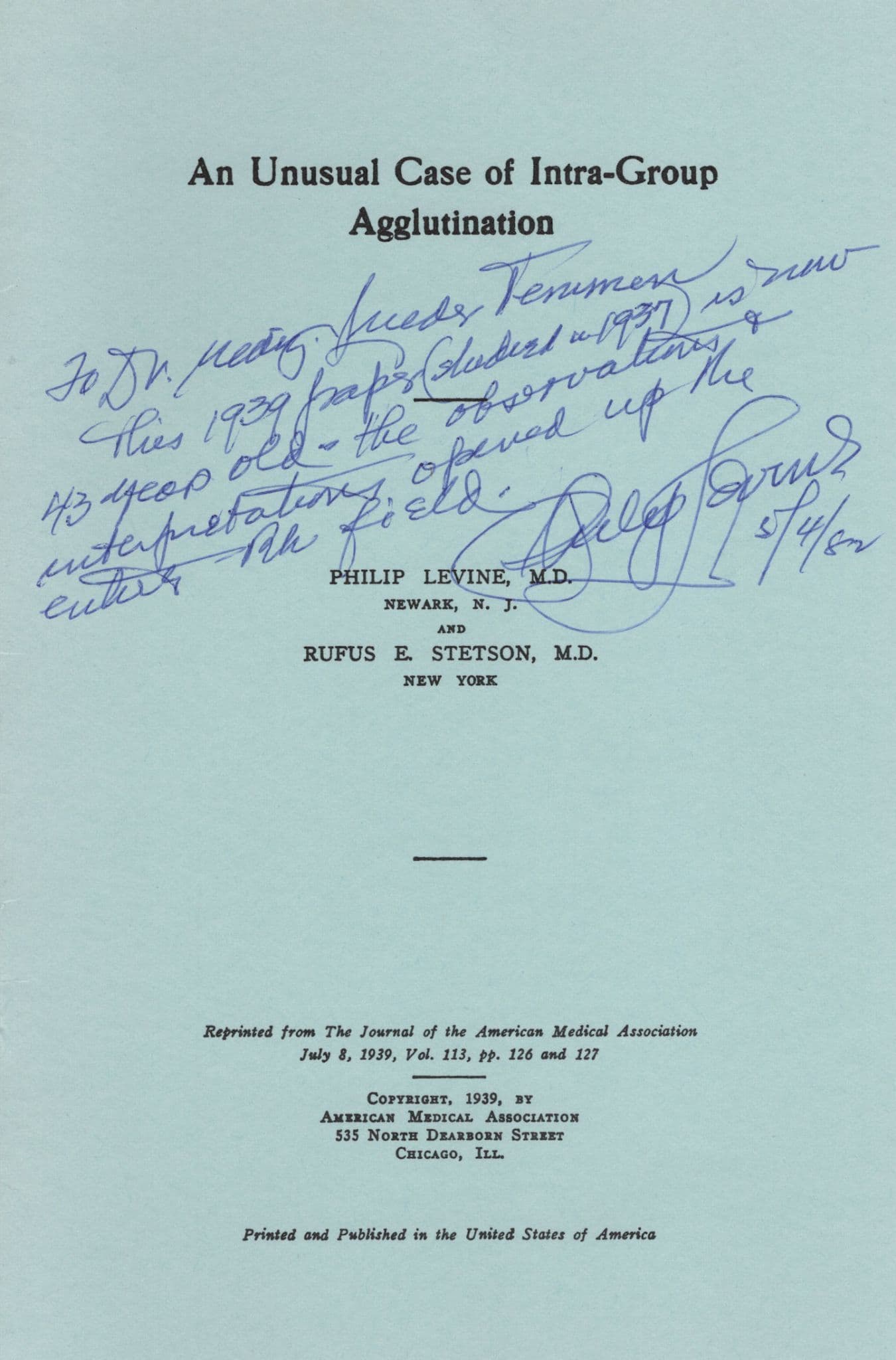 Philip Levine Blood Transfusion Scientist Hand Signed WW2 Book let