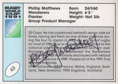 Phillip Matthews Ireland Hand Signed Rugby 1991 World Cup Card Photo