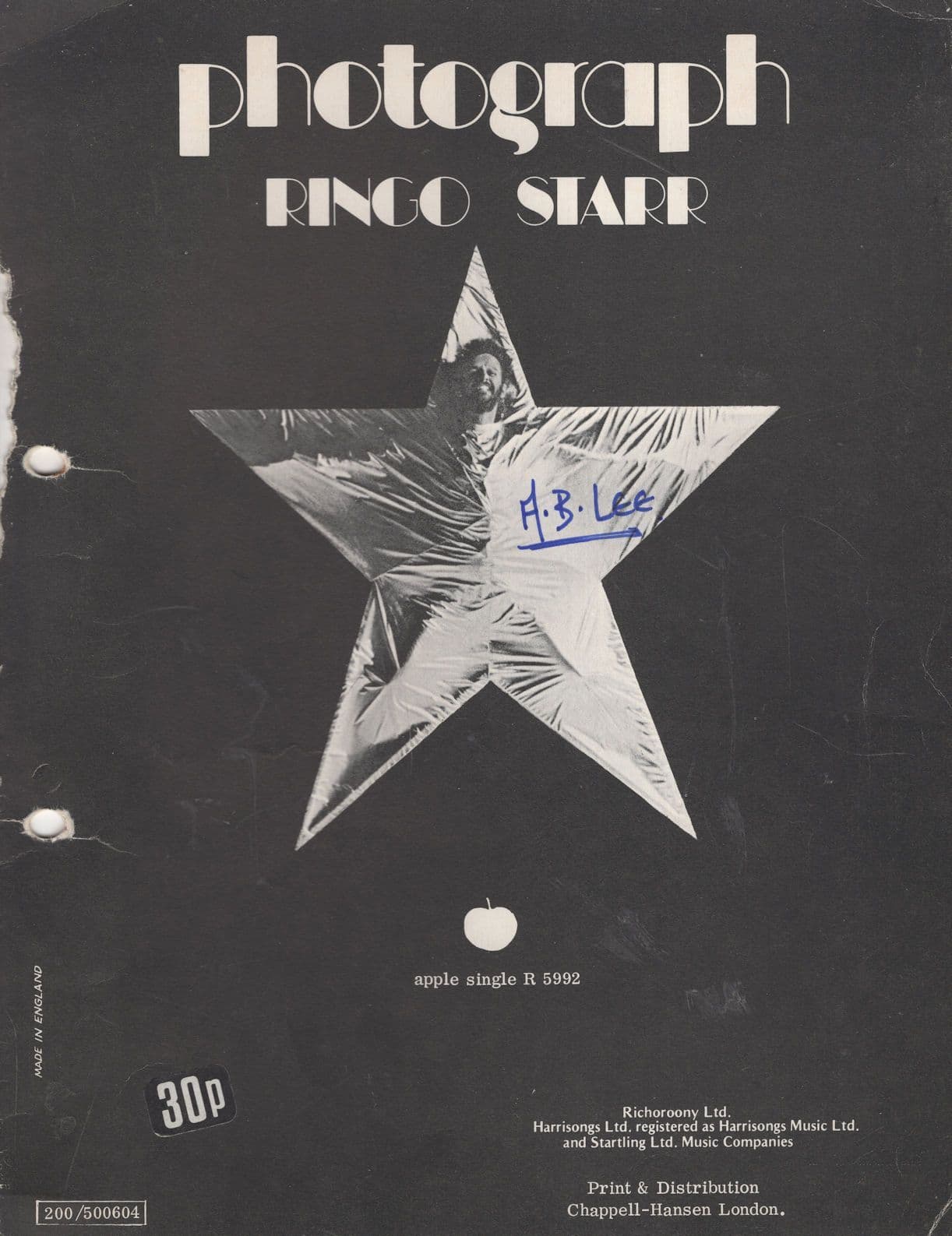 Photograph Ringo Starr The Beatles Damaged Sheet Music