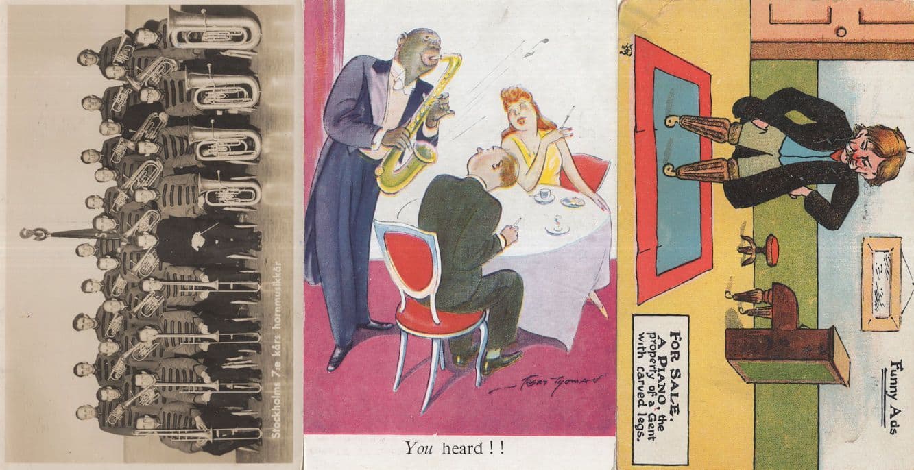 Piano For Sale Advertisement Saxophone 2x Comic Old Postcard