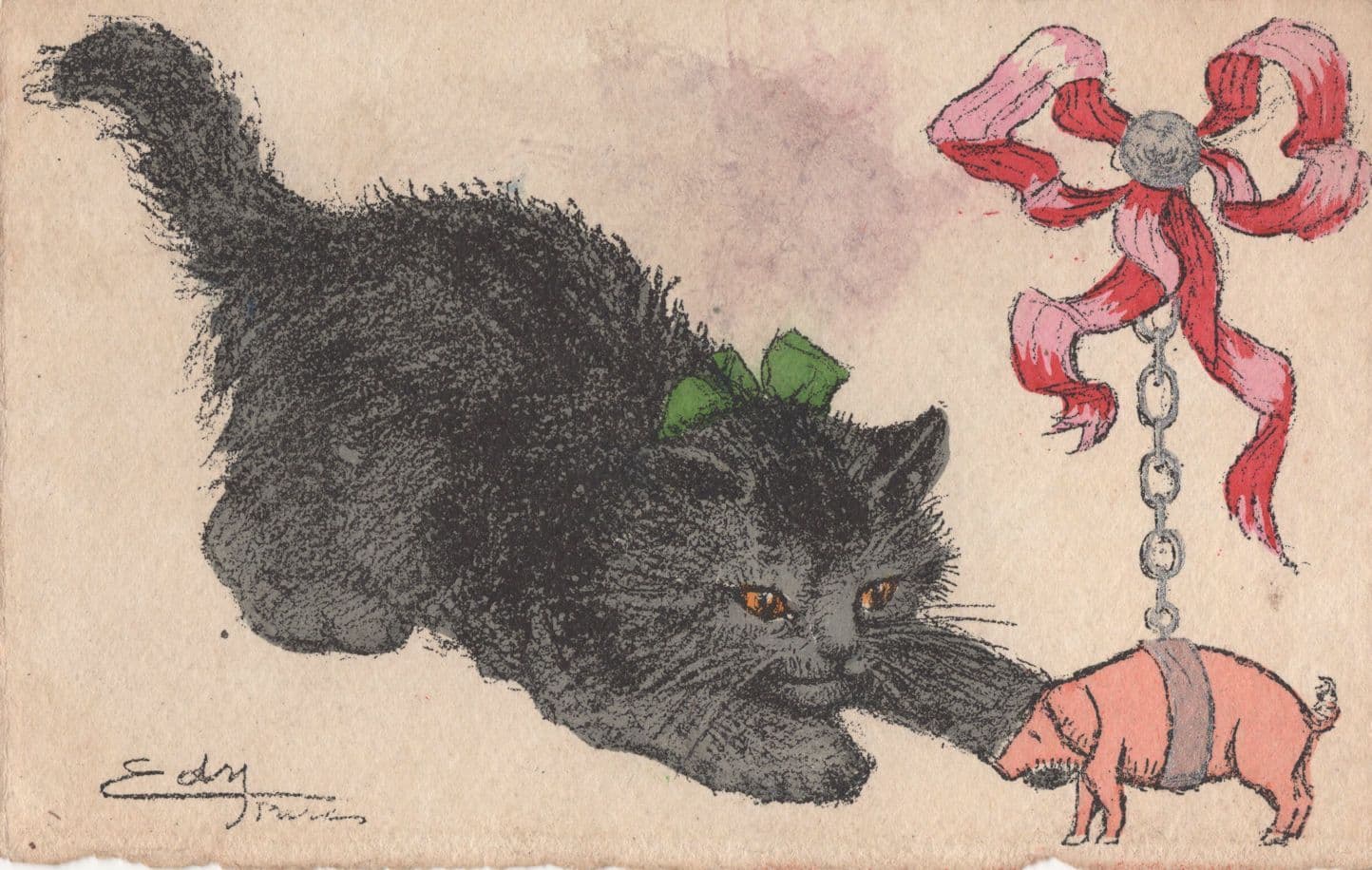Pig In Chains Tortured By French Cat Old Comic Postcard