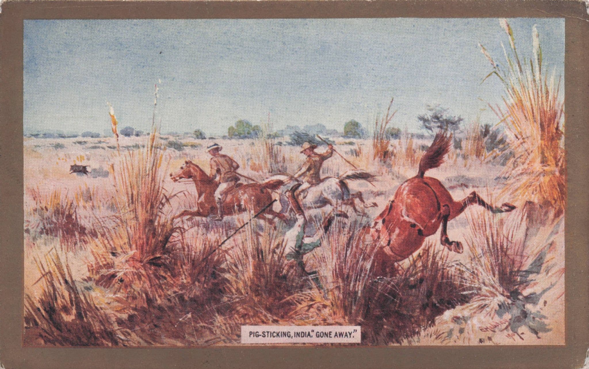 Pig Sticking India Antique Hunting Old Painting Postcard