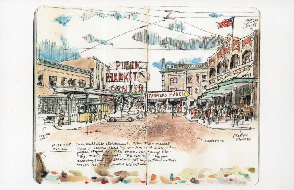Pike Place Farmers Market Seattle Stunning Sketch Painting Postcard