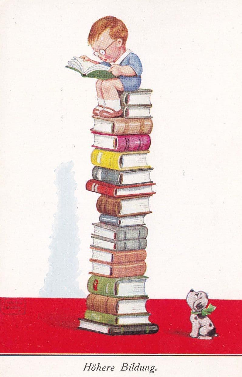 Pile Of Old Books Boy Librarian & Dog German Comic Postcard