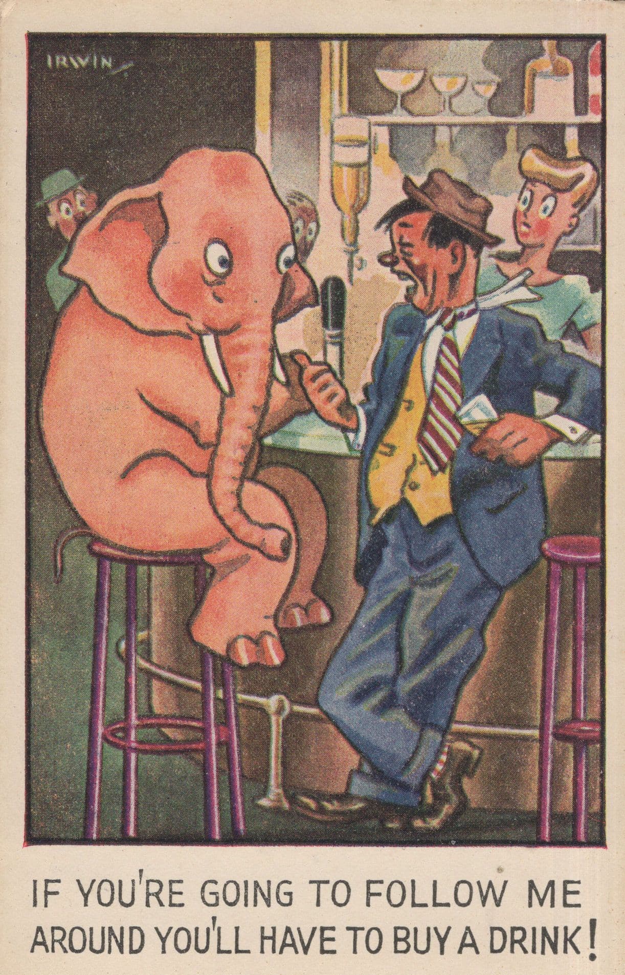 Pink Elephant In Pub Flirting With Drunk Man Comic Old Postcard