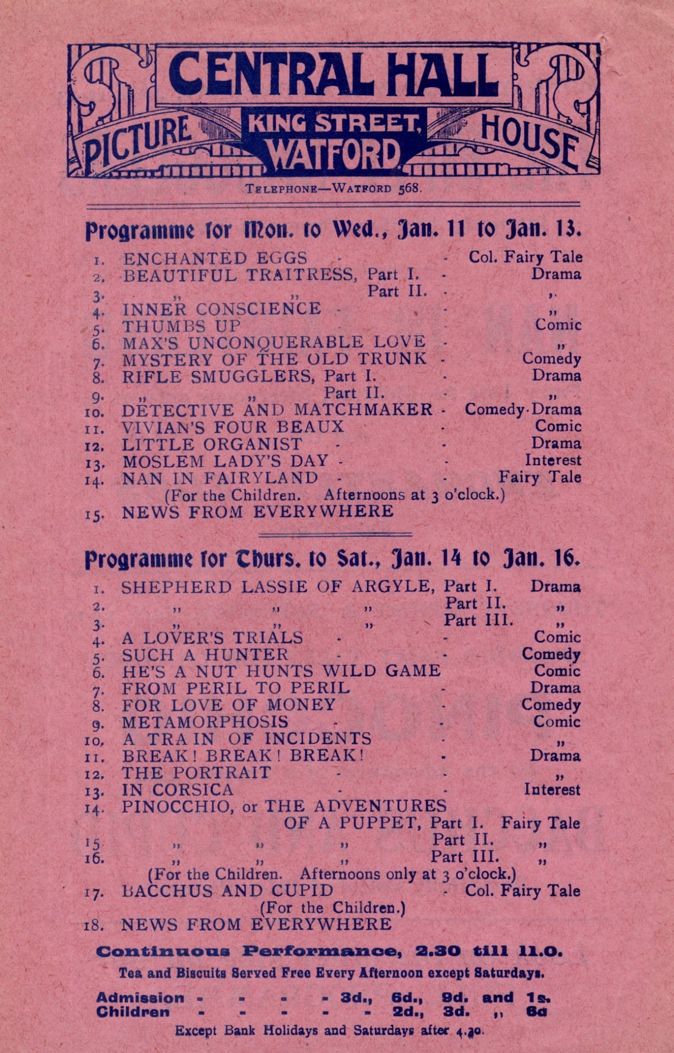 Pinocchio Nan In Fairyland Antique Watford Theatre Handbill