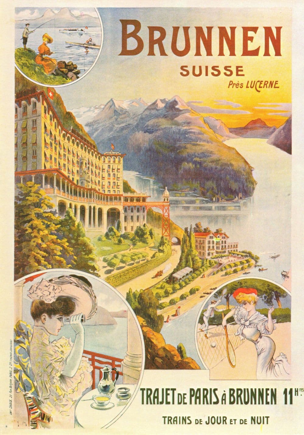 Plakat Fur Kurort Brunnen Kunstler Night Trains Switzerland Advertising Postcard