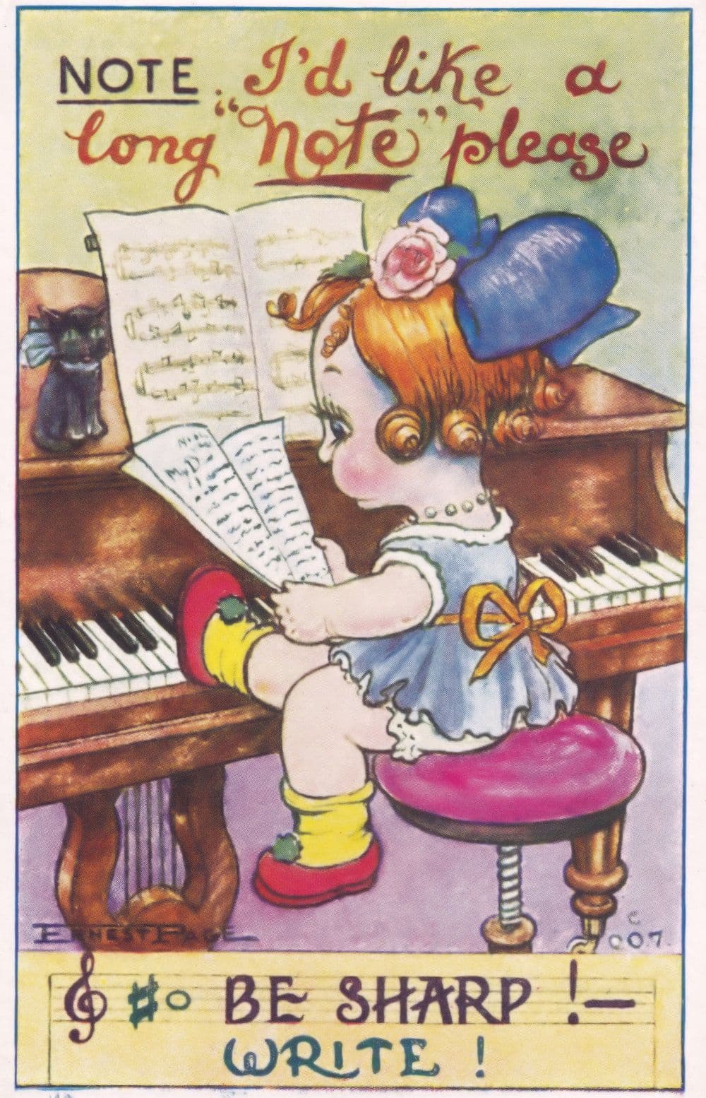 Please Write A Note Child Piano Playing Antique Comic Humour Postcard