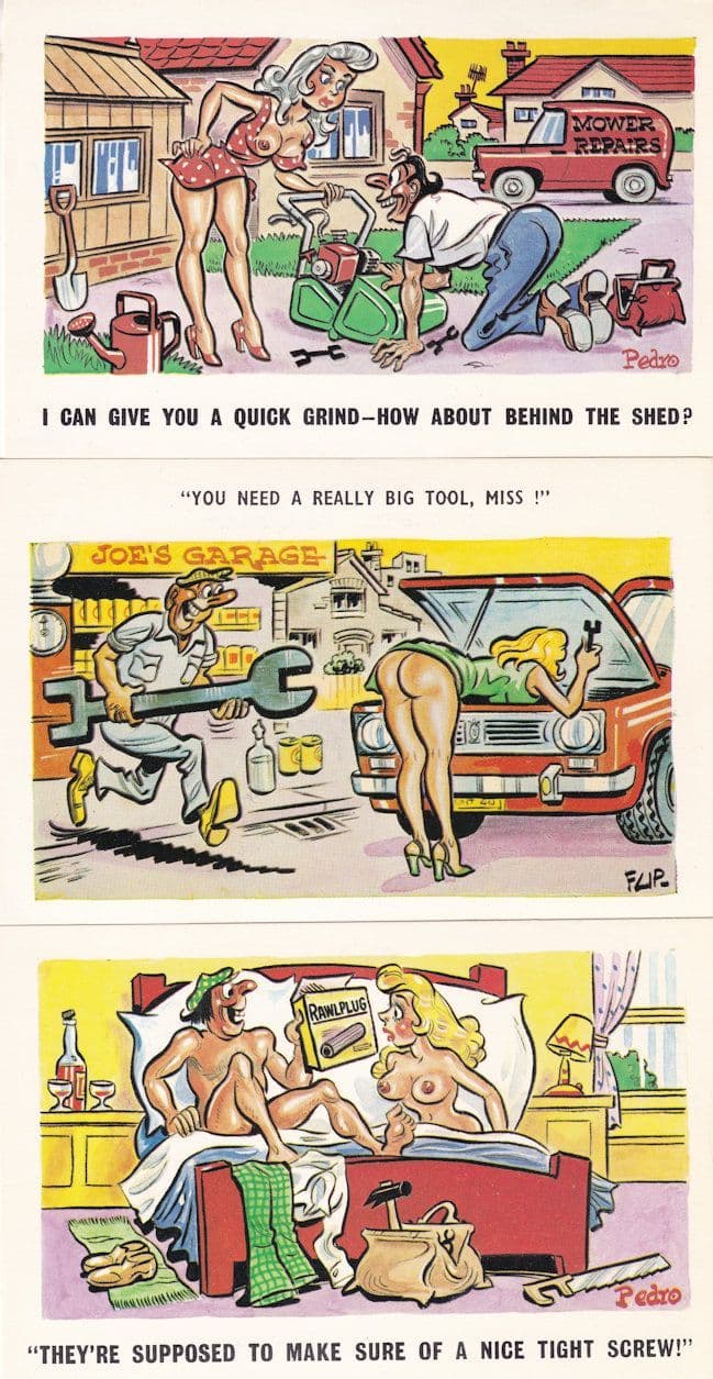 Plumber Repair Man Car Mechanic 3x Comic Postcard s