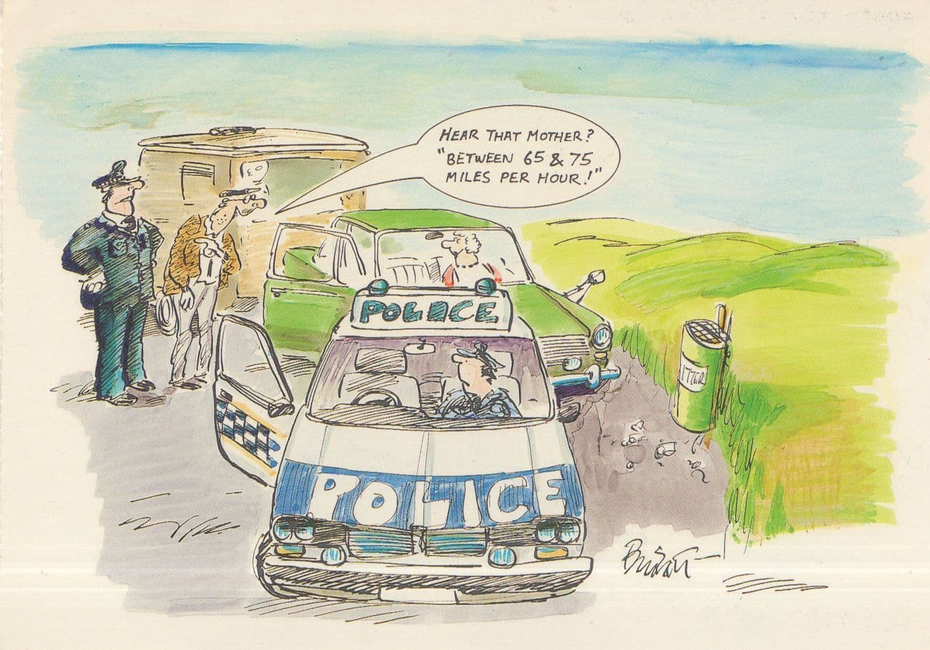 Police Car & Policeman Arresting OAP Caravan Motorist Comic Postcard