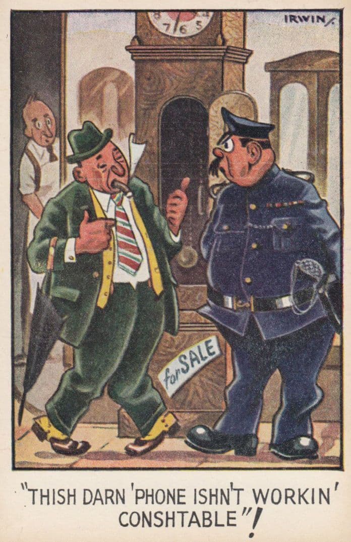 Policeman In Grandfather Clock Antique Time Telephone Comic Humour Postcard