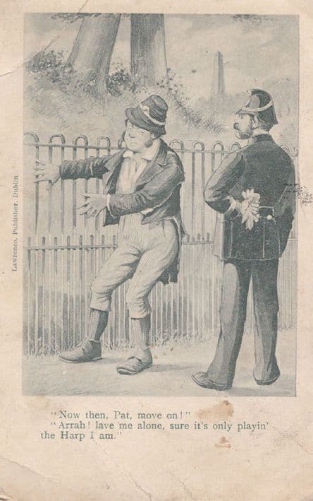 Policeman Man Playing Harp Hands Almost Tied To Railings Old Comic Postcard