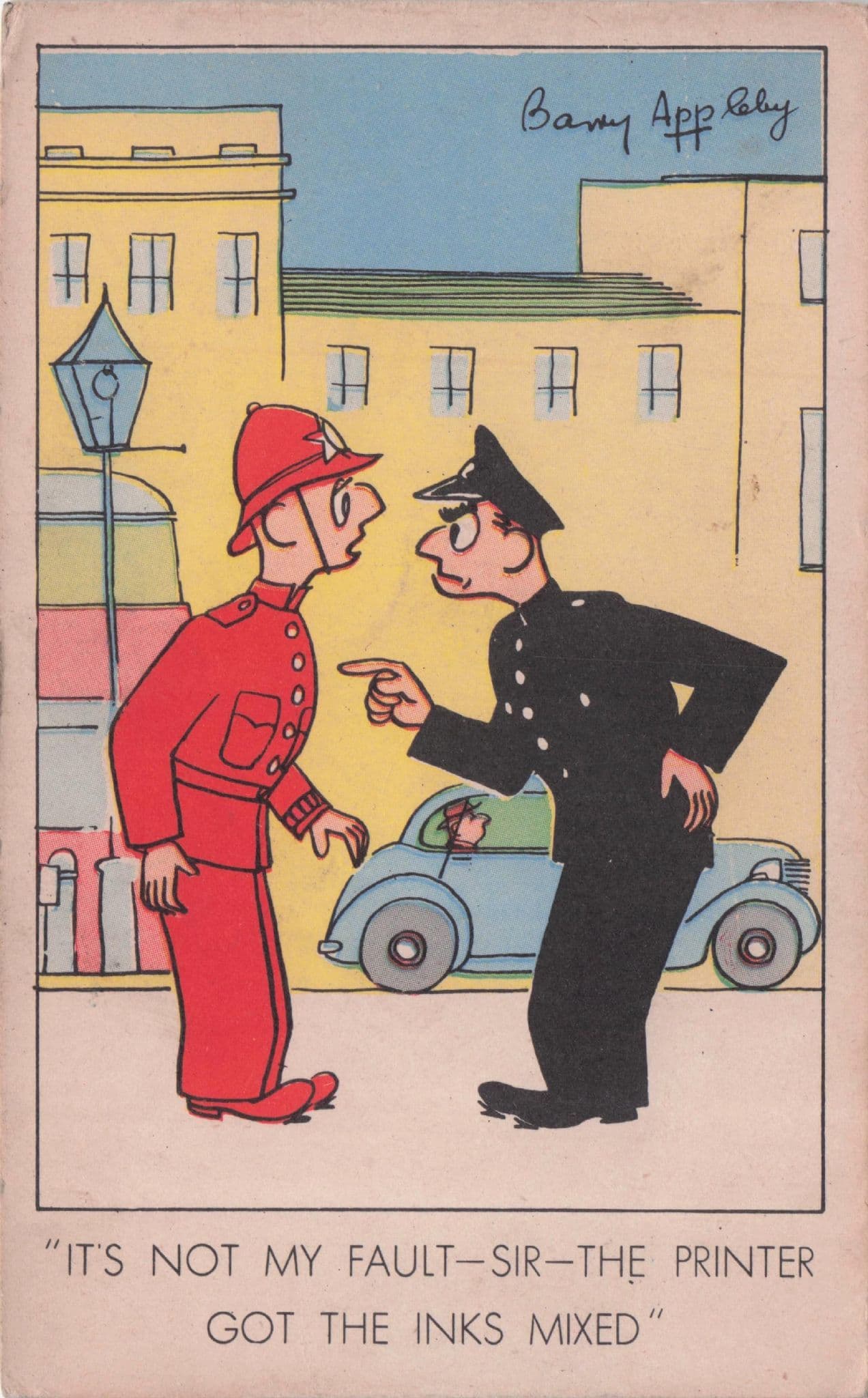 Policeman Traffic Warden Uniform Red Ink Disaster Antique Comic Postcard