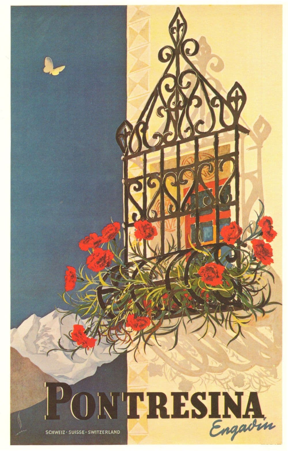 Pontresina Engadin Plakat Vur Verkehrsverein Swiss 1938 Poster Postcard
