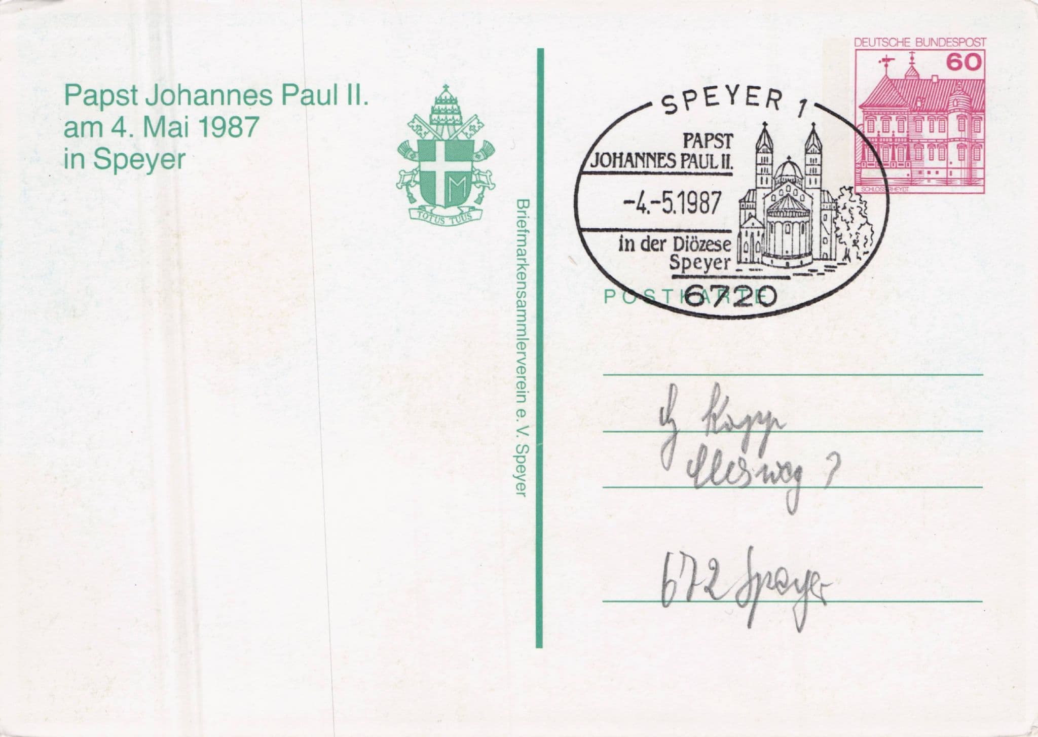 Pope John Paul II in Speyer 1987 First Day Cover Postcard