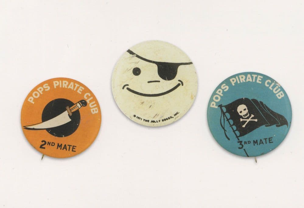 Pops Pirate Flag Eye Patch Club 1930s & 1970s Button Badge Pirates Postcard