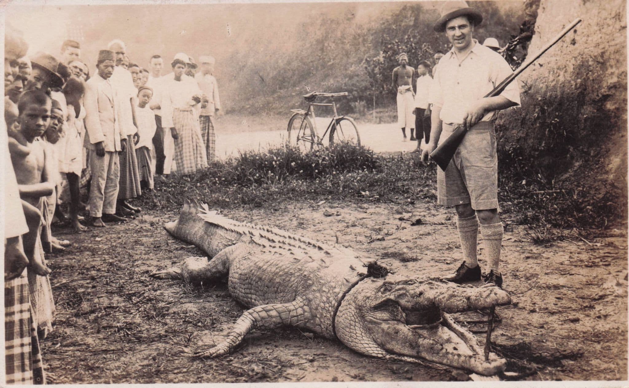 Port Swettenham Animal Hunter Rifle Dead Bicycle Malaya RPC Old Postcard