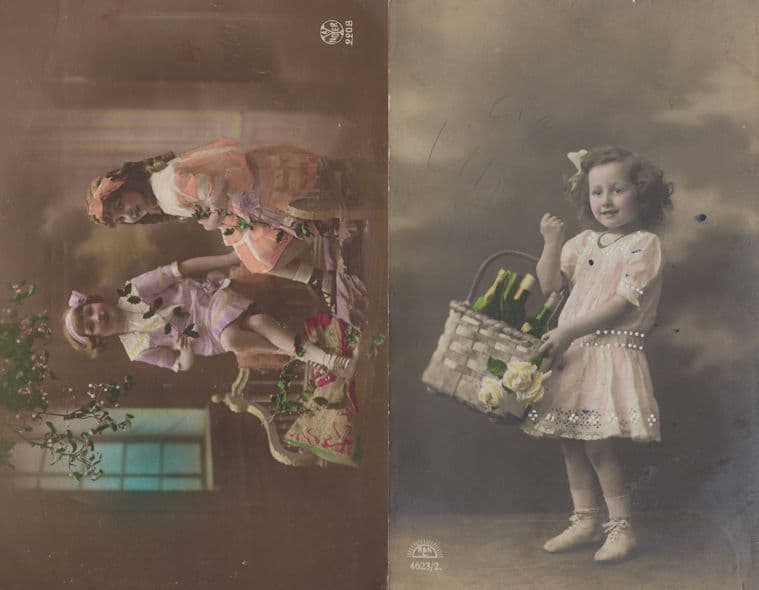Posh Children Basket Of Champagne 2x Old Greeting Postcard s