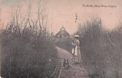 Posh Lady & Dog at The Bluffs Elbow River Calgary Canada Old Postcard