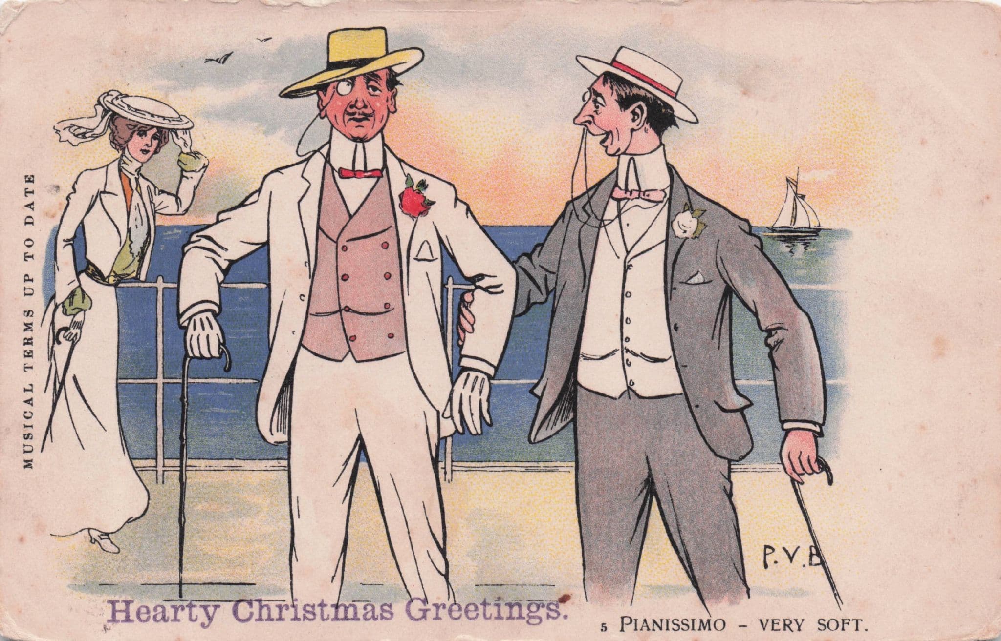 Posh Men On Ship Deck Pianissimo Piano Antique Comic Postcard