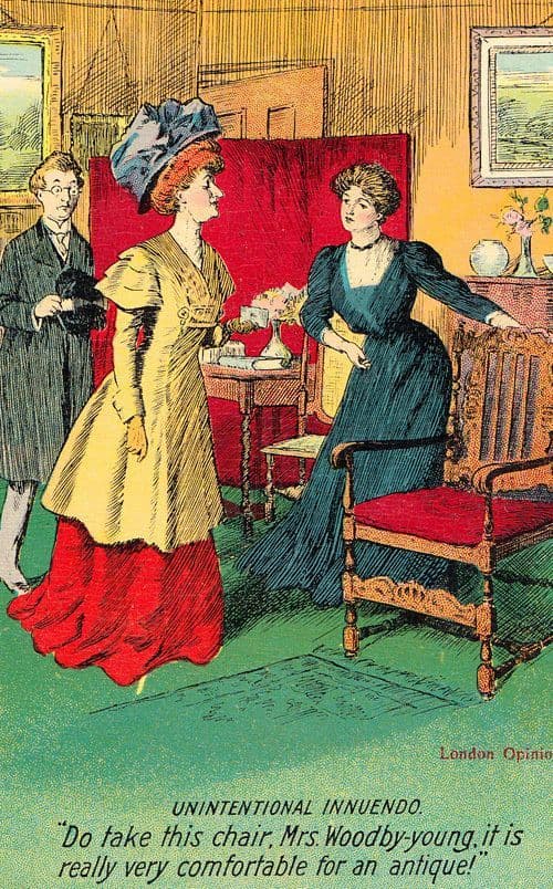 Posh Snob Snobby Lady Sitting Down in Chair Antique Newspaper Humour Postcard