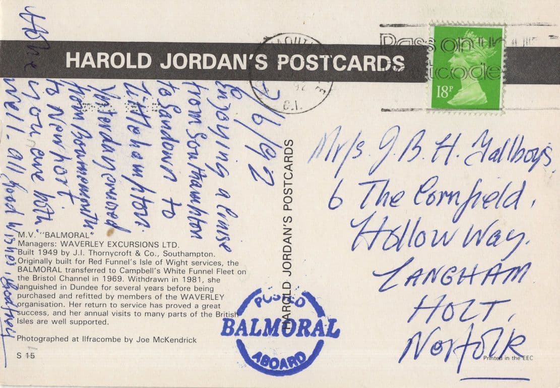 Posted On Board MV Balmoral Ship Southampton Sandown Postcard