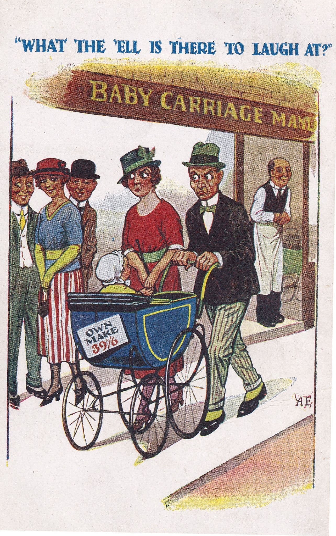 Pram Market Baby Carriage Antique Comic Postcard