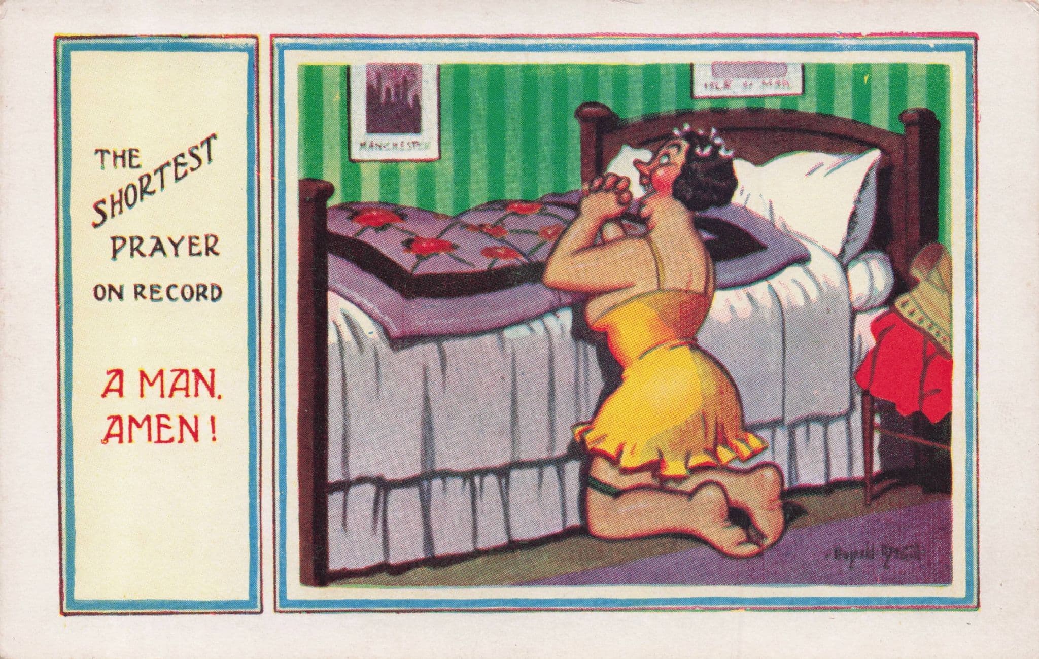 Praying For A Man Woman's Shortest Prayer Old Comic Postcard