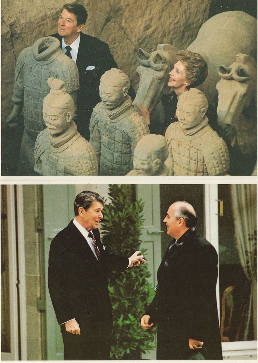 President Reagan In China Army & France 2x Political Postcard s