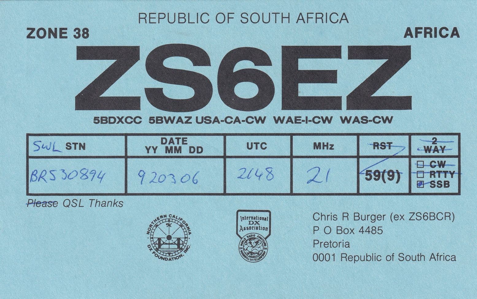 Pretoria South Africa Radio QSL Card