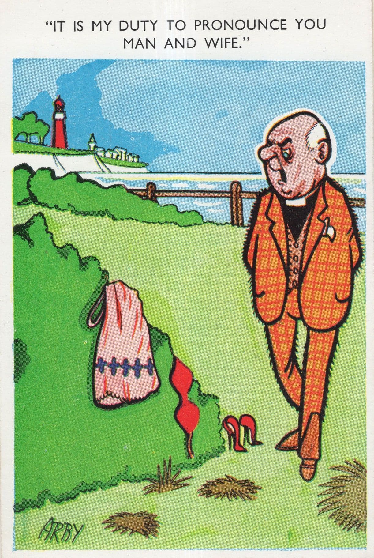 Priest Marriage Ceremony Making Love Behind Bush Comic Postcard