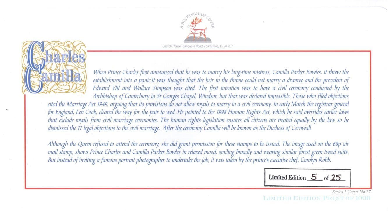 Prince Charles King Royal Wedding 2005 LTD EDN OF 25 FDC