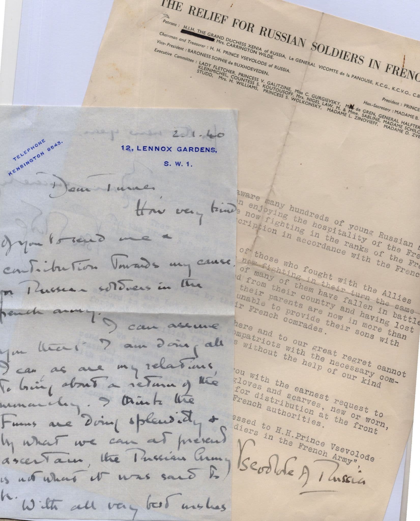 Prince Vsevolod Ivanovich 2x Russian Army in France WW2 Hand Signed Letter s