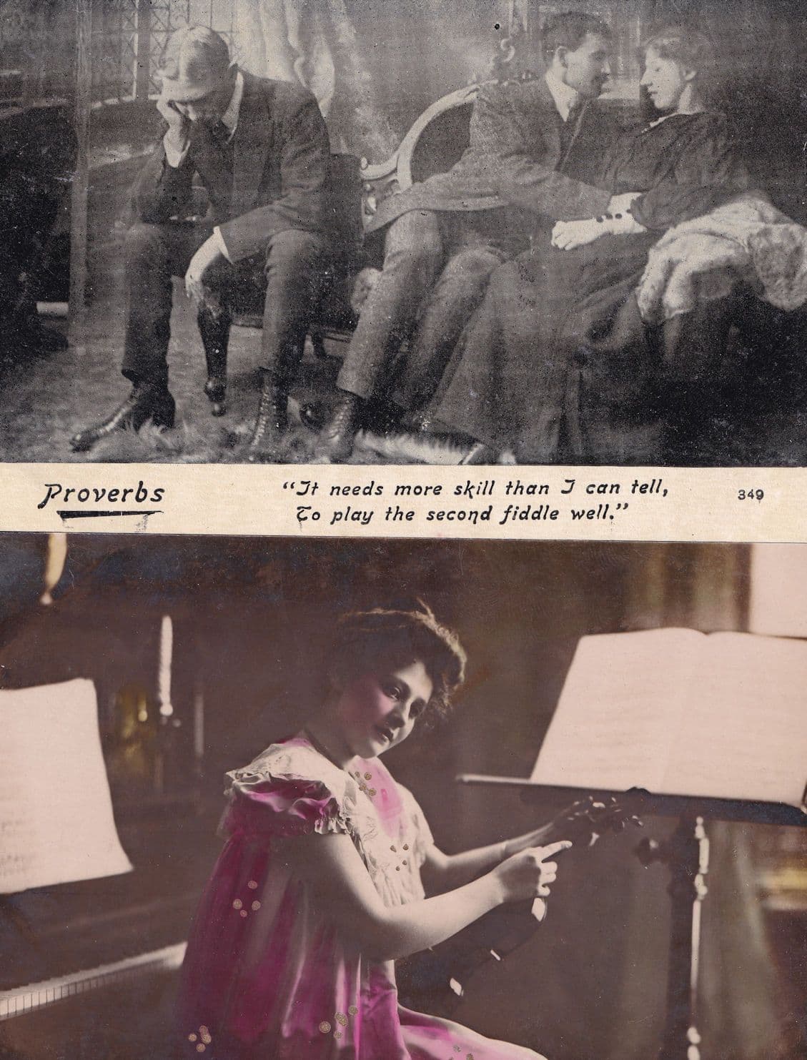 Proverbs Playing The Second Fiddle Violin 2x RPC Postcard s