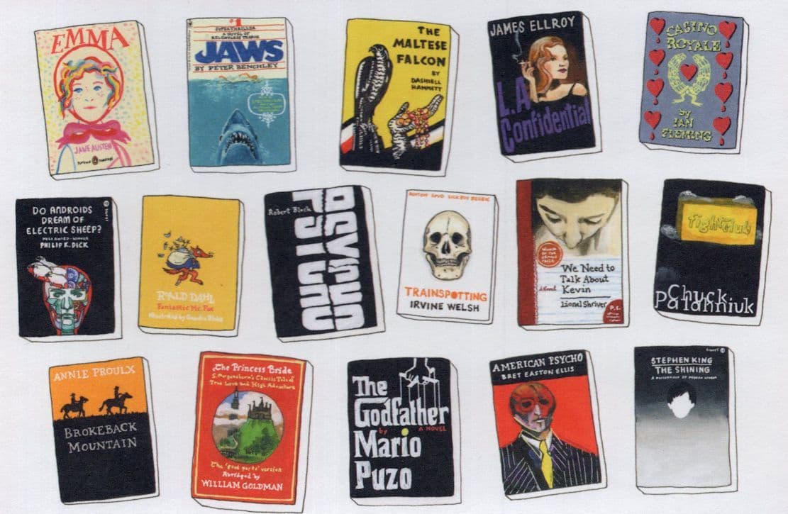 Psycho Jaws The Godfather Movie Bookshelf Book Painting Postcard