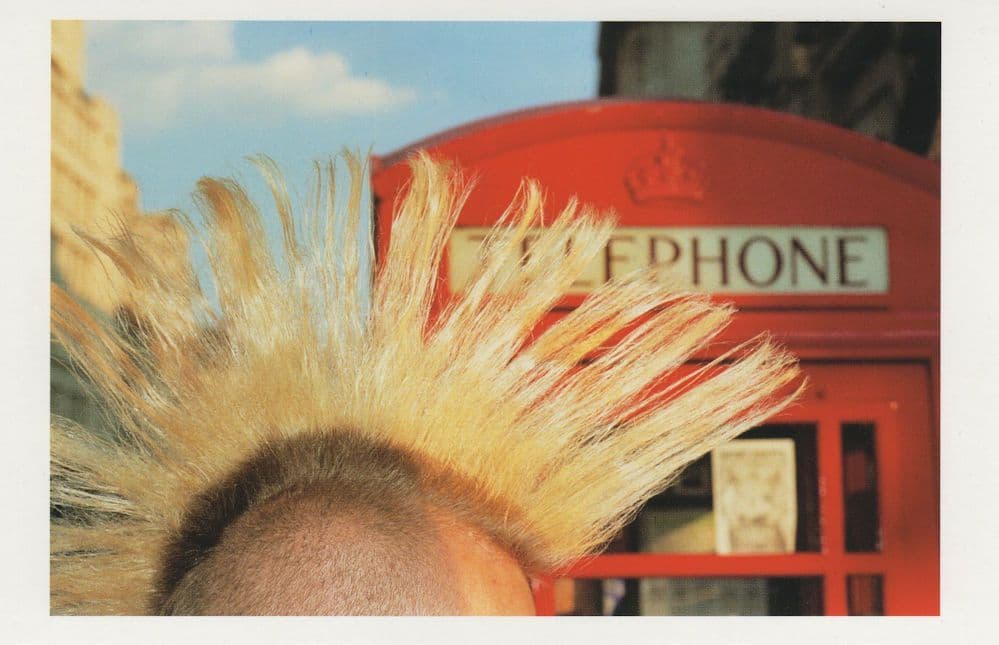 Punk Rocker Rock Skinhead Mohican London Telephone Box Postcard