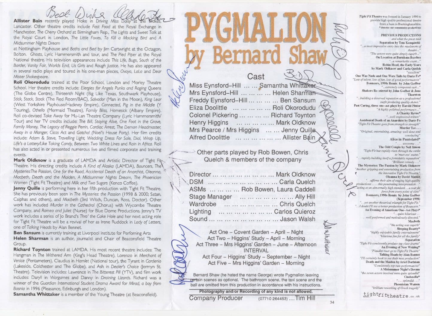 Pygamalion Bernard Shaw Multi 10X Hand Signed Autograph Theatre Flyer