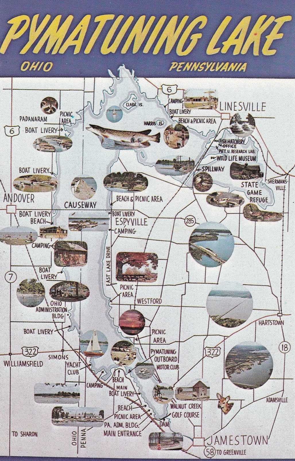 Pymatuning Lake Map Ohio Postcard