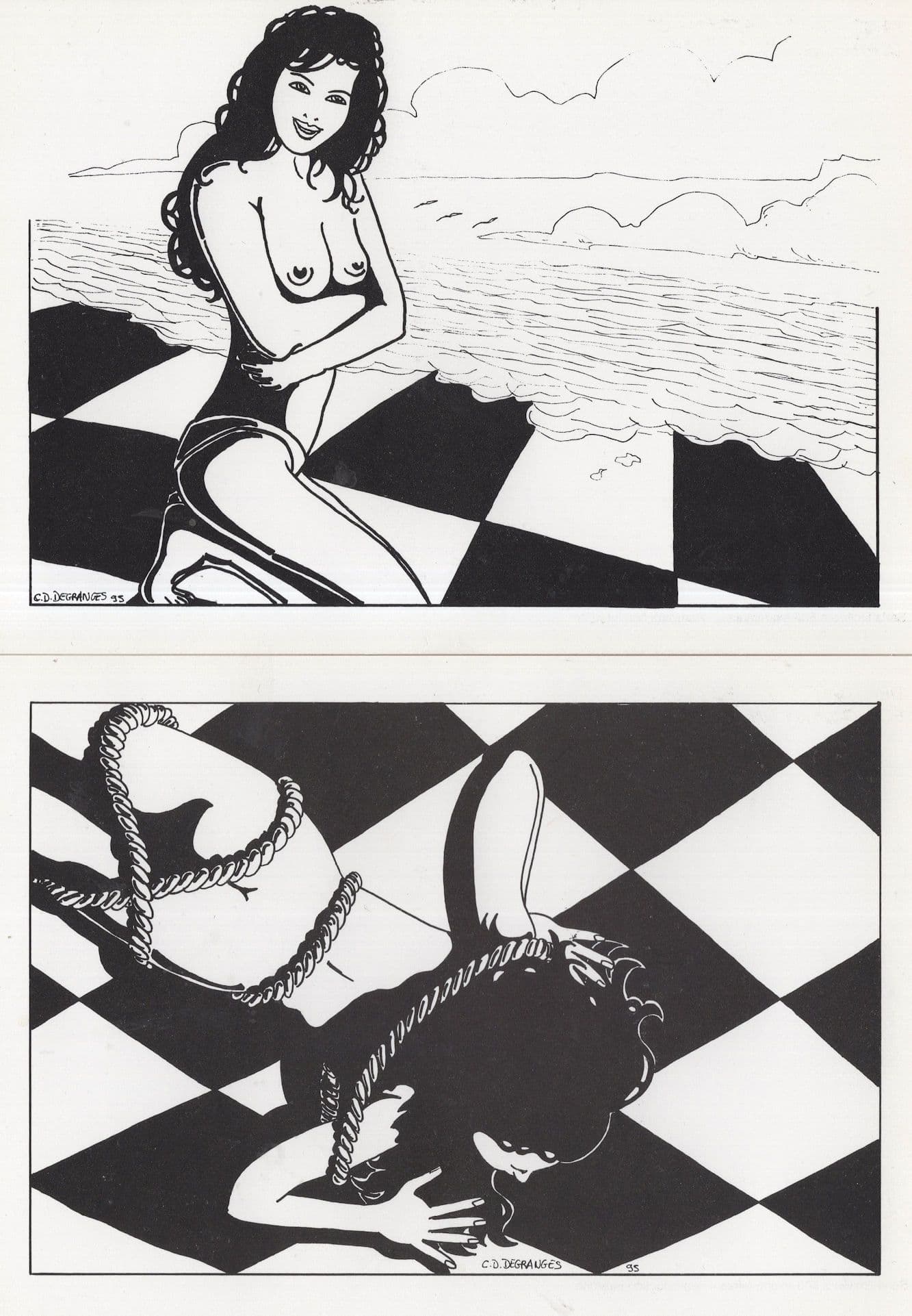 Queen Chess Board Game BDSM Tied Up 2x Comic French Art Postcard s